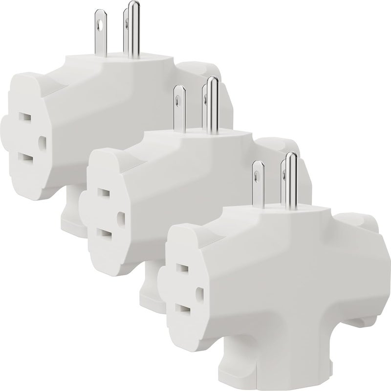 PLUGTUL 3 Way Plug Adapter, 3 Plug Wall Adapter, 3 Prong, Grounded, 15A, 1875W, Multiple Plug Expander for Home, Outdoor, ETL Listed, White, 3PACK - Image 1